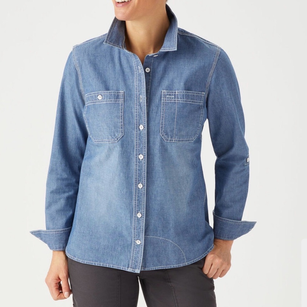 Duluth Trading Co Blue Chambray COOLMAX Long Sleeve Button Shirt XXL Spring